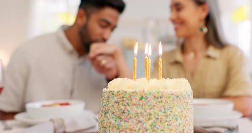 Cake, anniversary or birthday, couple celebrate and romantic together, kiss