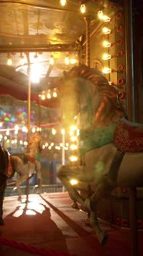 Vintage Carousel Horse at Night with Glowing Lights