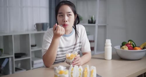 Woman Eating Fruit Yogurt and Sandwich at Home