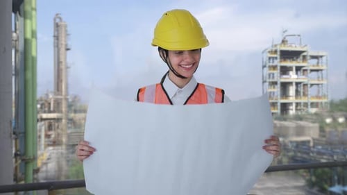 Happy Indian female architect looking through the blueprint of house