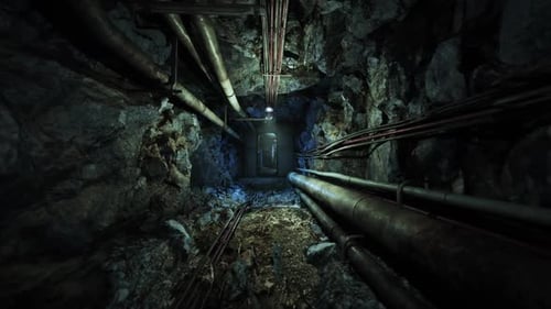 Dark Underground Bunker Passage with Pipes and Rock Walls During Exploration