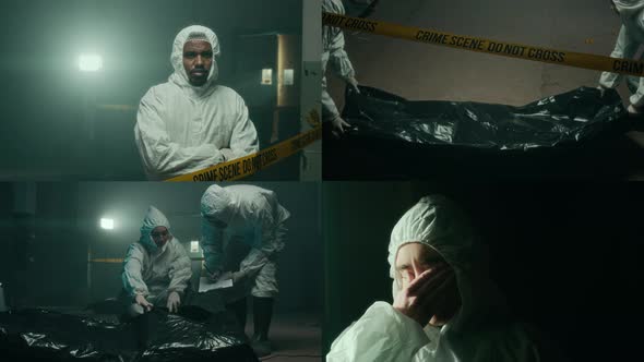 Split Screen of Forensic Specialists Examining and Shifting Body at ...
