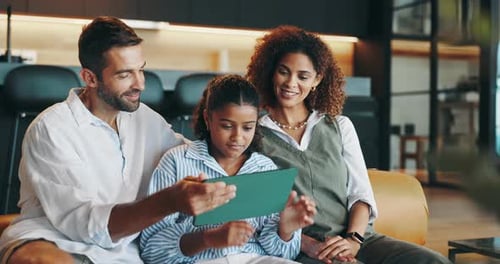 Relax, sofa and parents with child on tablet for streaming videos, watching movies and cartoons
