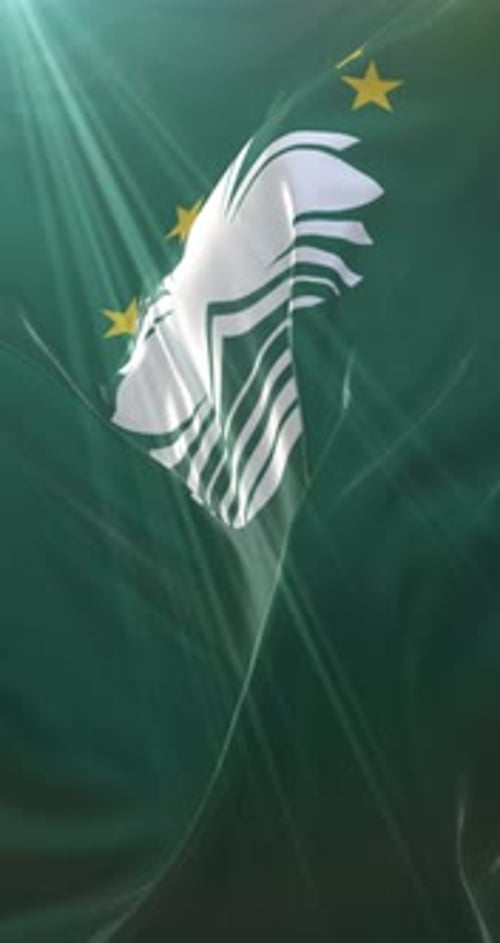 Macau SAR Flag Waving in Wind with Light Rays