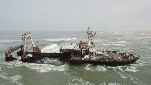 Drone View Shipwreck Off the Coast of Africa Namibia