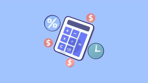 Animated Calculator, Coins, Percentage Sign, And Clock Visualizing Investment, And Financial Growth.