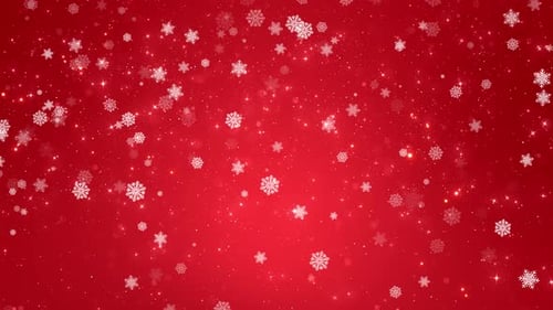 Falling White Snowflakes on Festive Red Glitter Background