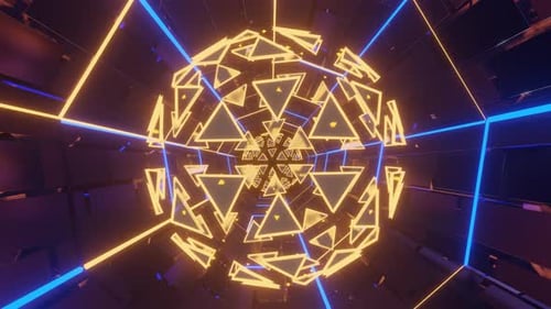 3D render of a futuristic tunnel with glowing neon lines and a central sphere of triangles.