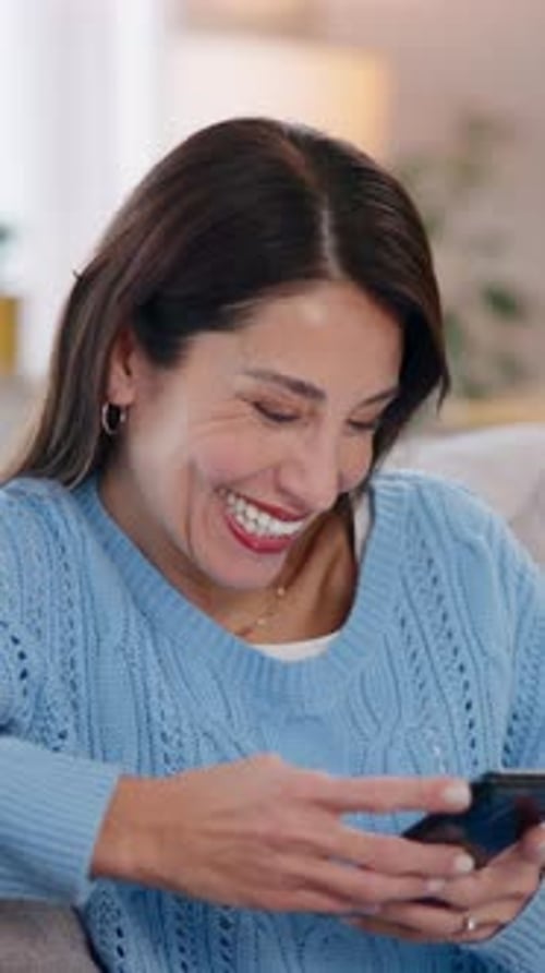 Relax, phone and woman on sofa laughing for funny joke, meme and social media post on living room