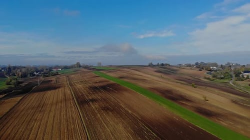 Aerial View of Farmland with Green Crops on Sunny Day