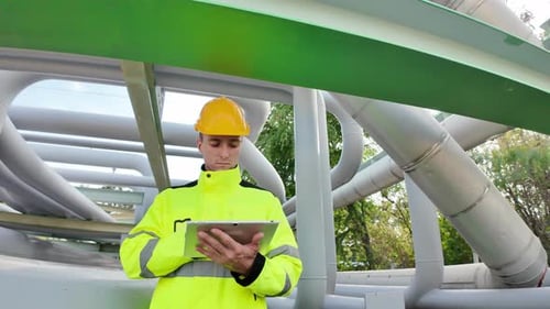 Un travailleur examine l'infrastructure du pipeline pendant la journée dans une installation extérieure