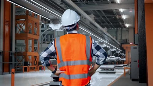 Vue arrière d'un ingénieur de sexe masculin regardant autour de lui avec des bras Akimbo dans une usine de voitures électriques