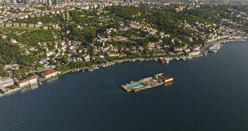 Istanbul Turkey Aerial v56 cinematic drone flyover tilt down, birds eye view galatasaray islet, a sm
