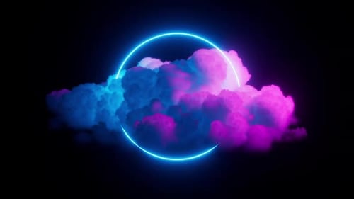 Glowing blue neon ring and spinning cloud illuminated with pink light.