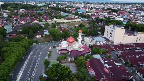 Aerial view of red dome mosque