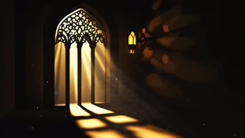 Fondo islámico del Ramadán, luz radiante que emana de un arco islámico