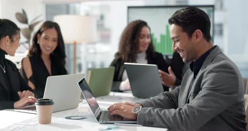 Man at meeting in office with laptop, internet and review for business feedback, writing or agenda