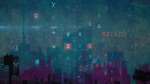 Animation of cyber attack warning data processing over cityscape background