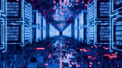 Animación perfecta, movimiento de la cámara a través de un túnel de cubos con código binario. Concepto de IA. Binario c