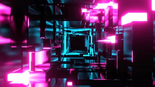 Cyan And Pink Infinite Strobe Sci Fi Corridor Made Of Metal Blocks Background VJ Loop In 4K