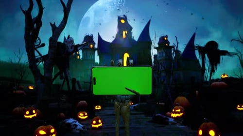 Skeleton Hand Rising Up Smartphone With Green Screen, Halloween