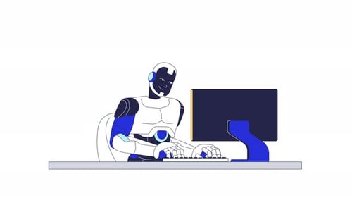 AI robot using computer for office work 2D character animation