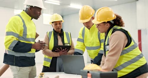 Engineering team, planning and laptop at construction site, blueprint design