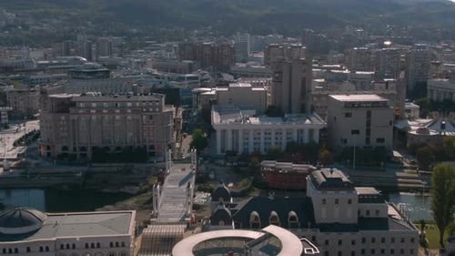 Drone view of Skopje downtown on a sunny day