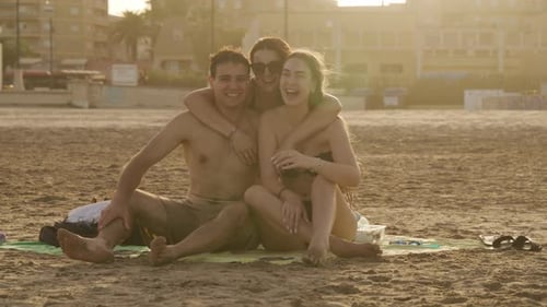 Summertime Leisure Happy Young Family on Sandy Beach Woman Girl Boy