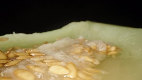 Knochen und Saft in einer Melone auf schwarzem Hintergrund. Dolly Slider extreme Nahaufnahme
.