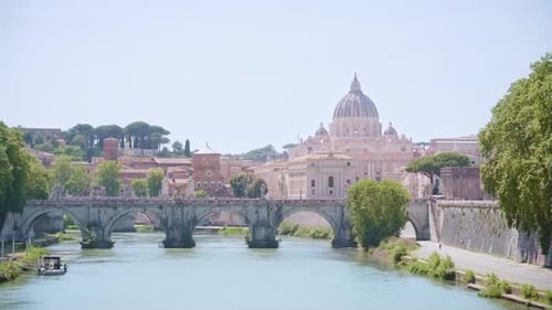 Saint Angelo Bridge and St Peter Basilica in Ancient Rome