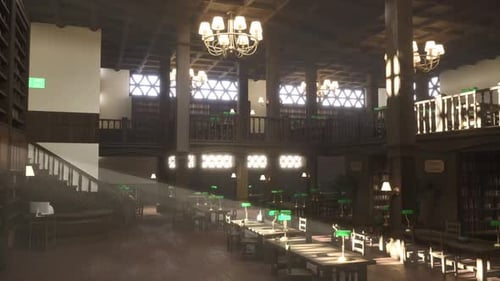 Empty Vintage Library Furnished with Study Desks and Green Lamps 3D Rendering
