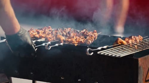 Smoky Shish Kebabs Cooked on Outdoor Charcoal Grill