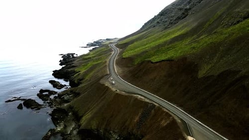 Aerial view of road along the coast, Iceland.