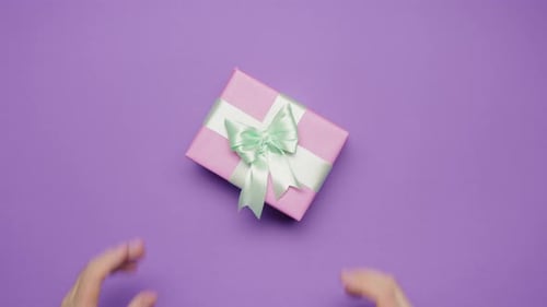 Beauty of Giving and Receiving Gifts Presents Between Man Woman Violet Top View Couple Celebrations