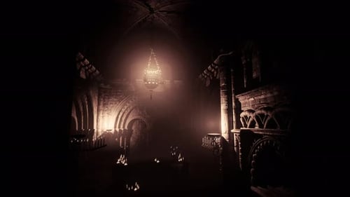Mysterious Interior Ancient Candlelit Cathedral