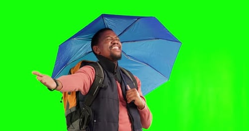 Rain, singing and black man with umbrella in green screen studio celebrating