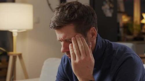 Man with Headache Takes Medicine and Drinks Water