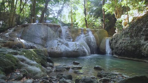Waterfall in green forest. Pure fresh water waterfall in forest