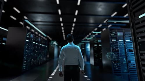 Block Chain Technology IT Administrator Activating Modern Data Center Server with Hologram