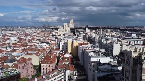 Historical Landmarks In The Central Capital Of Madrid, Spain. Aerial Drone Shot