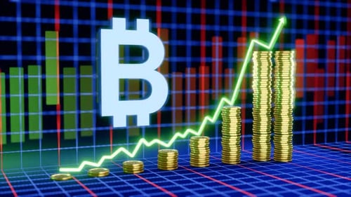 Rising Bitcoin Currency Animation, 3D Gold Coin Drops With Dynamic Graph Growth