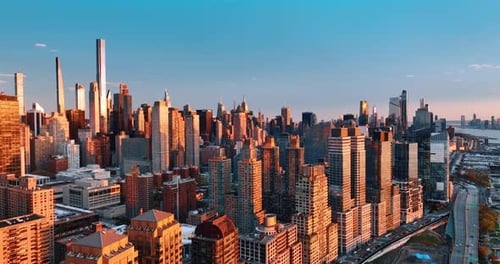 Stunning modern architecture of Manhattan in New York at sunset.