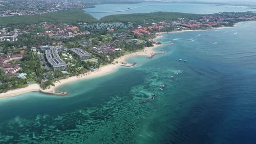 Aerial 4K Drone Footage: Tranquil Beauty of Nusa Dua Beach, Bali; Luxury Resorts, Turquoise Waters,