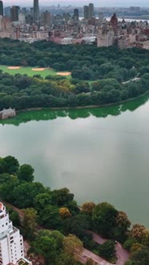 Beautiful view of Central Park in New York. Green zone with lake surrounded by building.