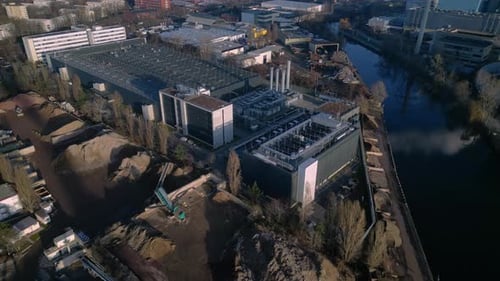 Large data center processing cloud computing infrastructure. Beautiful aerial view drone