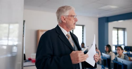 Education, university professor and students in classroom for lecture and learning in science