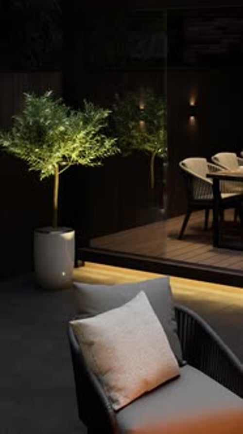 Backyard landscaping with sofas, armchairs, fireplace, barbecue and pergola. 3d render