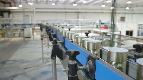 Metal Cans Moving on a Factory Conveyor Belt