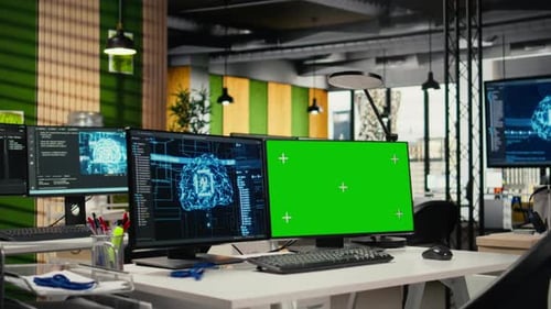 Green Screen PC in Empty Startup Office with Artificial Intelligence Program